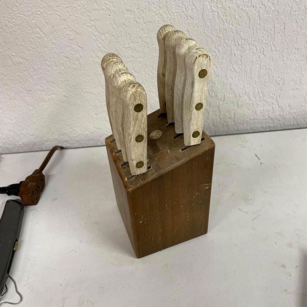 Set 8 Vintage Lifetime Cutlery Steak Knives Knife Wood Handles With Block Japan